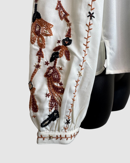 Veronica Beard White w Brown Embroidered Print Long Sleeve Button Blouse