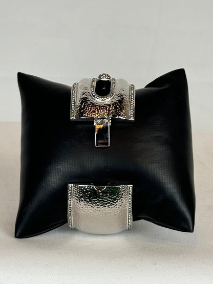 Silver Tone Metal Hinge Cuff Bracelet w Hammered Texture & Crystal Accent