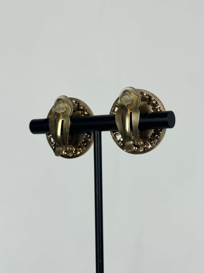 Chanel Gold Tiered Rhinestone Earrings w/ Faux Pearl Center & Double C Logo