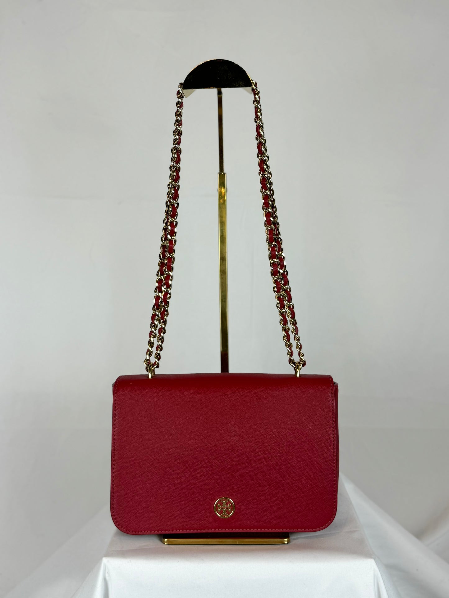 Tory Burch Red Robinson Convertible Square Flap Bag w Gold Chain Bag