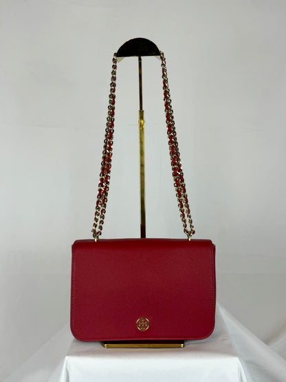 Tory Burch Red Robinson Convertible Square Flap Bag w Gold Chain Bag