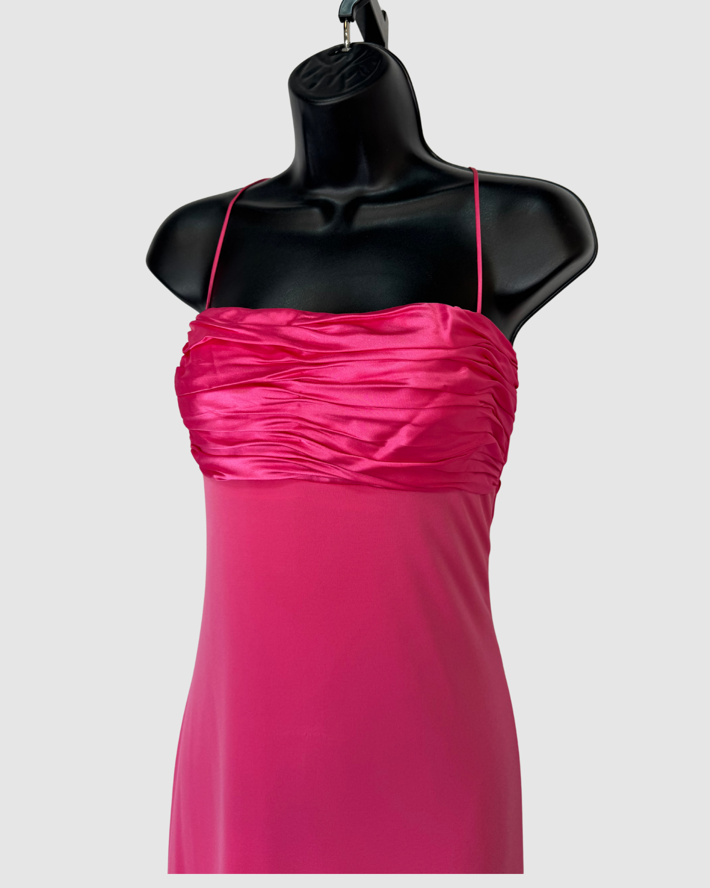 Mary L Couture Satin Hot Pink Sleeveless Ruched Detail Fitted Gown w Ribbon Cutout Back