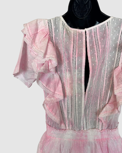 LoveShackFancy Pink White Tie-Dye Ruffle Short Sleeve Mini Dress NWT