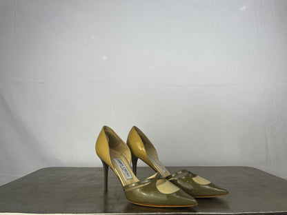 Jimmy Choo Sage Green & Beige Yellow Colorblock Pointed Toe Cross Strap Pumps
