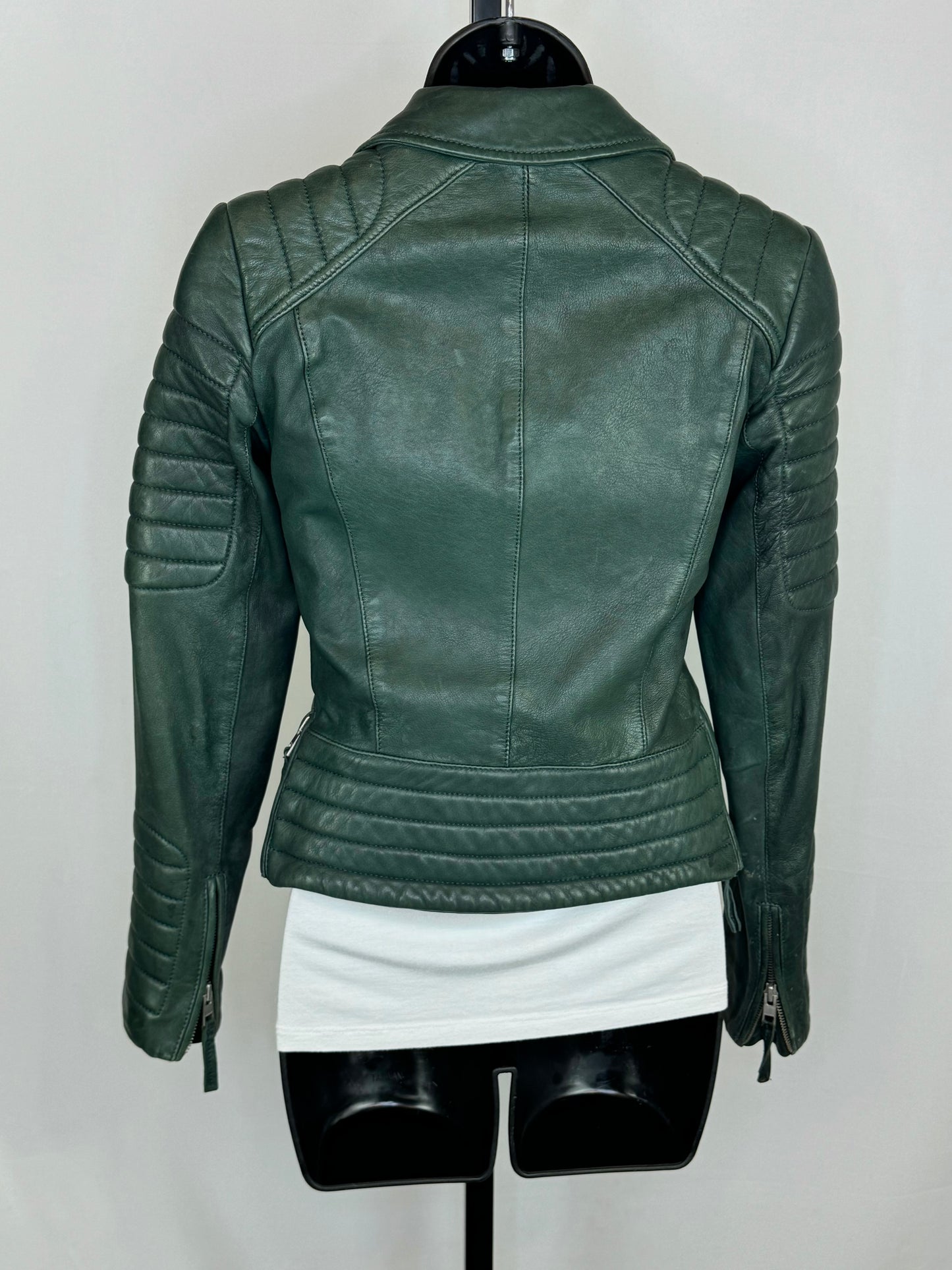 All Saints Dark Green Leather Quilt Detail Zip Up Moto Jacket