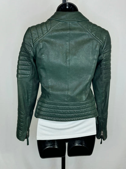 All Saints Dark Green Leather Quilt Detail Zip Up Moto Jacket