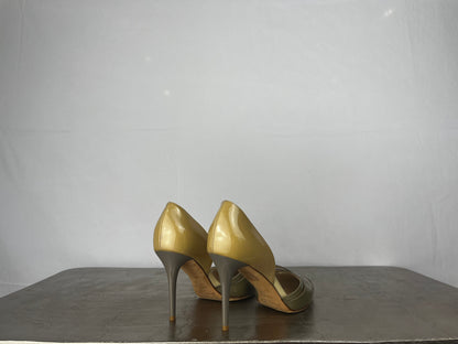 Jimmy Choo Sage Green & Beige Yellow Colorblock Pointed Toe Cross Strap Pumps