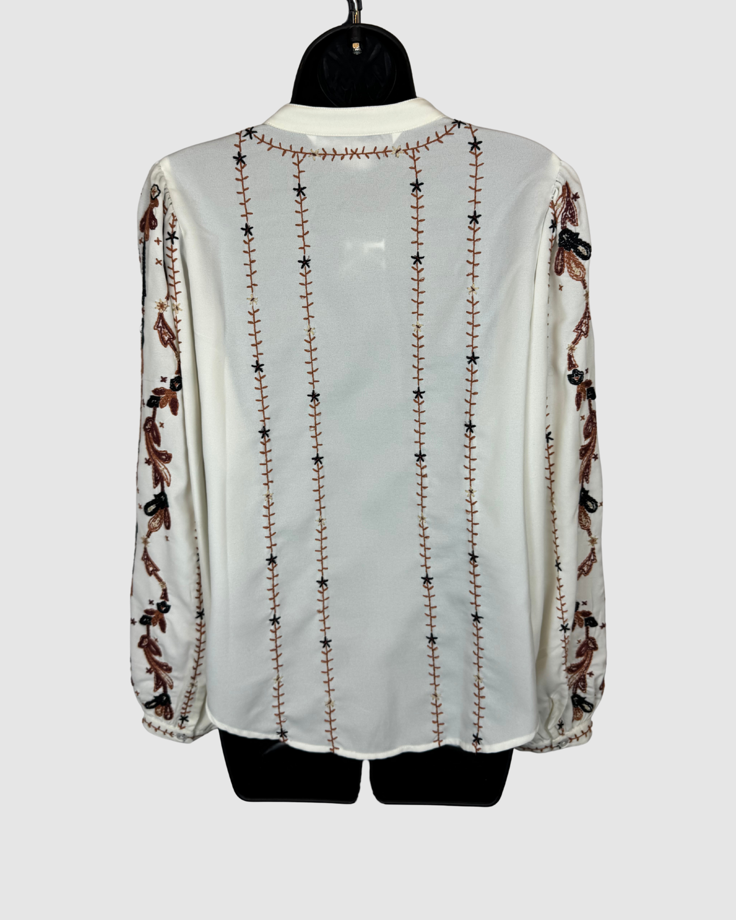 Veronica Beard White w Brown Embroidered Print Long Sleeve Button Blouse