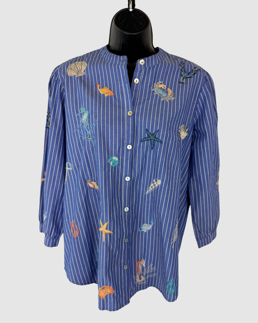 Johnny Was Workshop Blue White Stripe Embroidered Sea Creature Button Long Sleeve Blouse