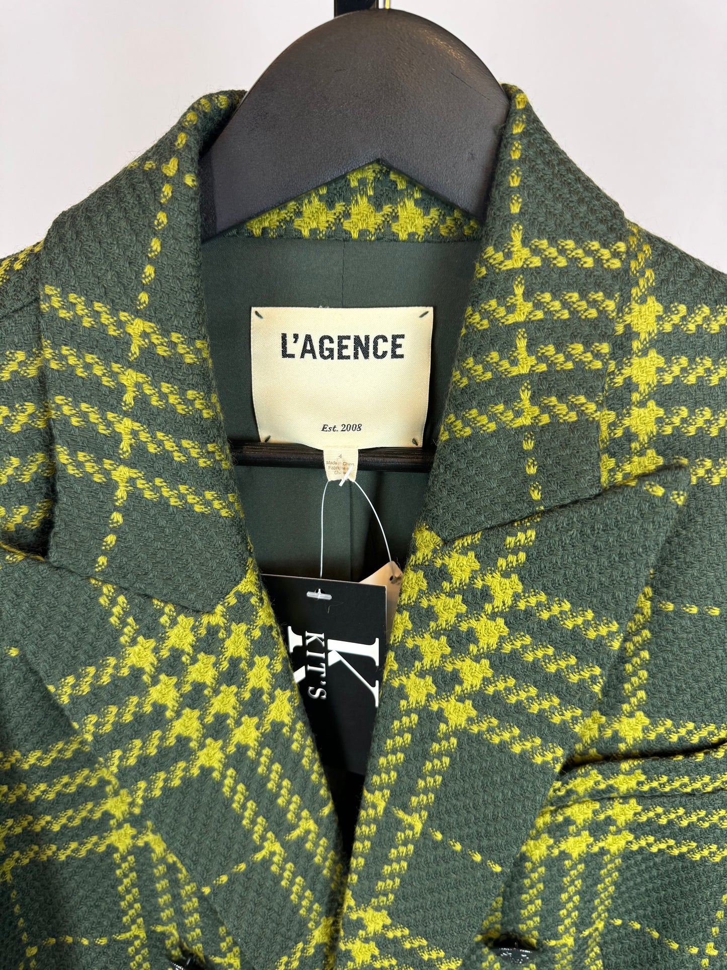 L'Agence Dark Green & Lime Green Plaid Open Faced Blazer NWT
