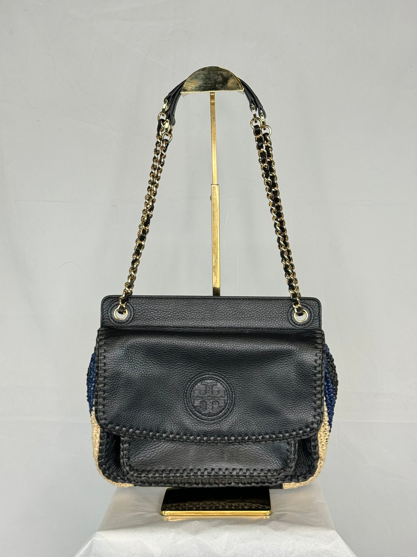 Tory Burch  Black Blue & Tan Woven Crossbody Bag w/ Black Leather Flap