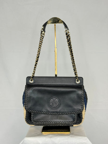 Tory Burch  Black Blue & Tan Woven Crossbody Bag w/ Black Leather Flap