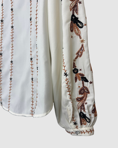 Veronica Beard White w Brown Embroidered Print Long Sleeve Button Blouse