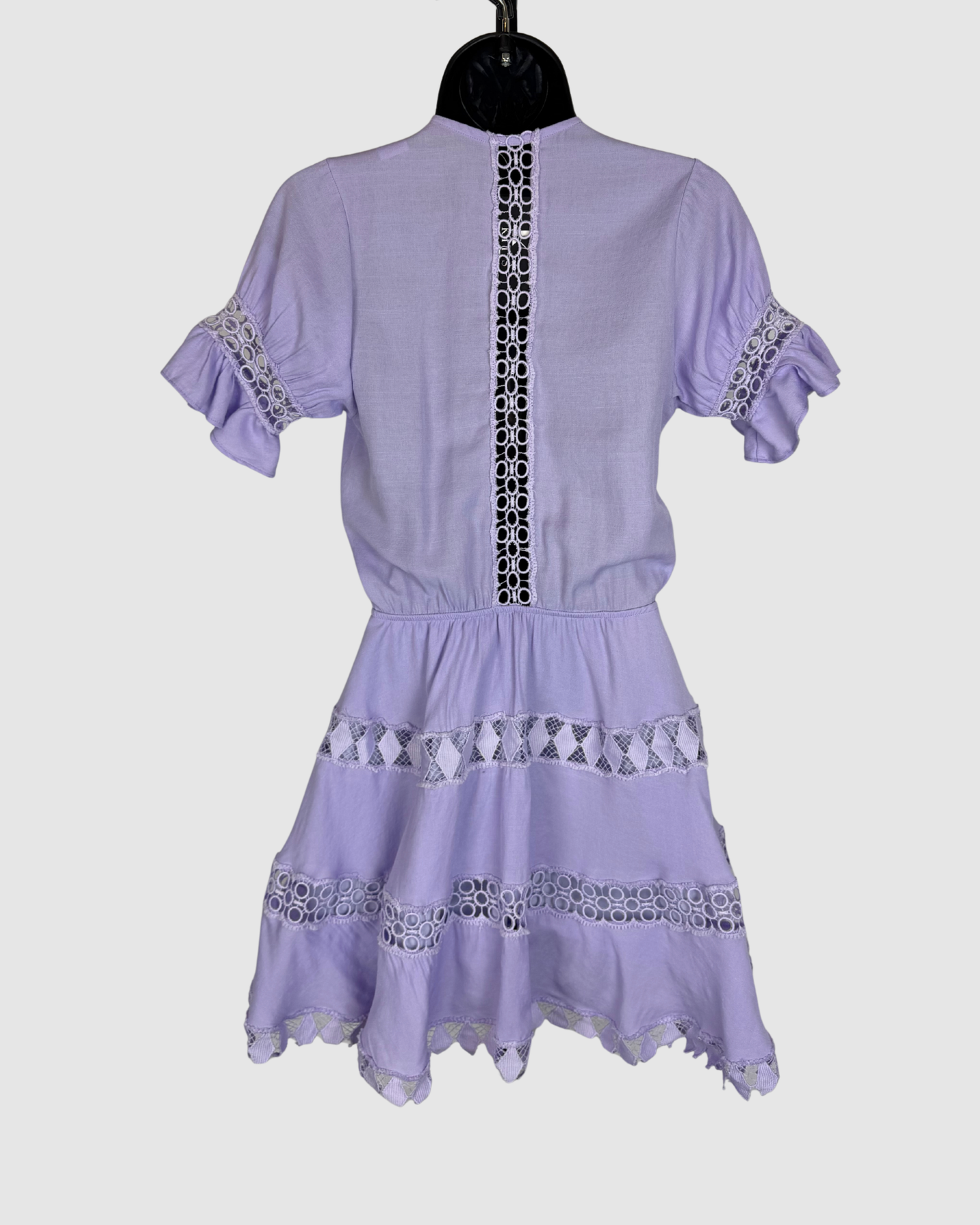 Peixoto Light Purple Crochet Detail V-Neck 1/2 Ruffle Sleeve Mini Dress