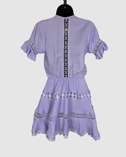 Peixoto Light Purple Crochet Detail V-Neck 1/2 Ruffle Sleeve Mini Dress