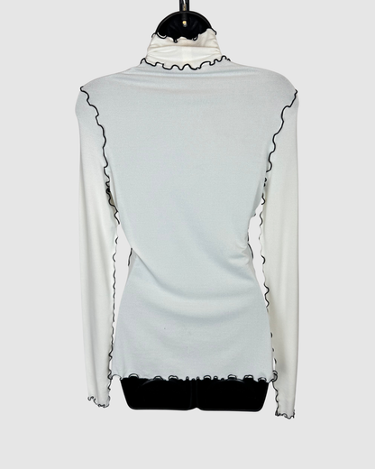 Proenza Schouler Cream w Black Ruffle Trim Turtleneck Long Sleeve Top