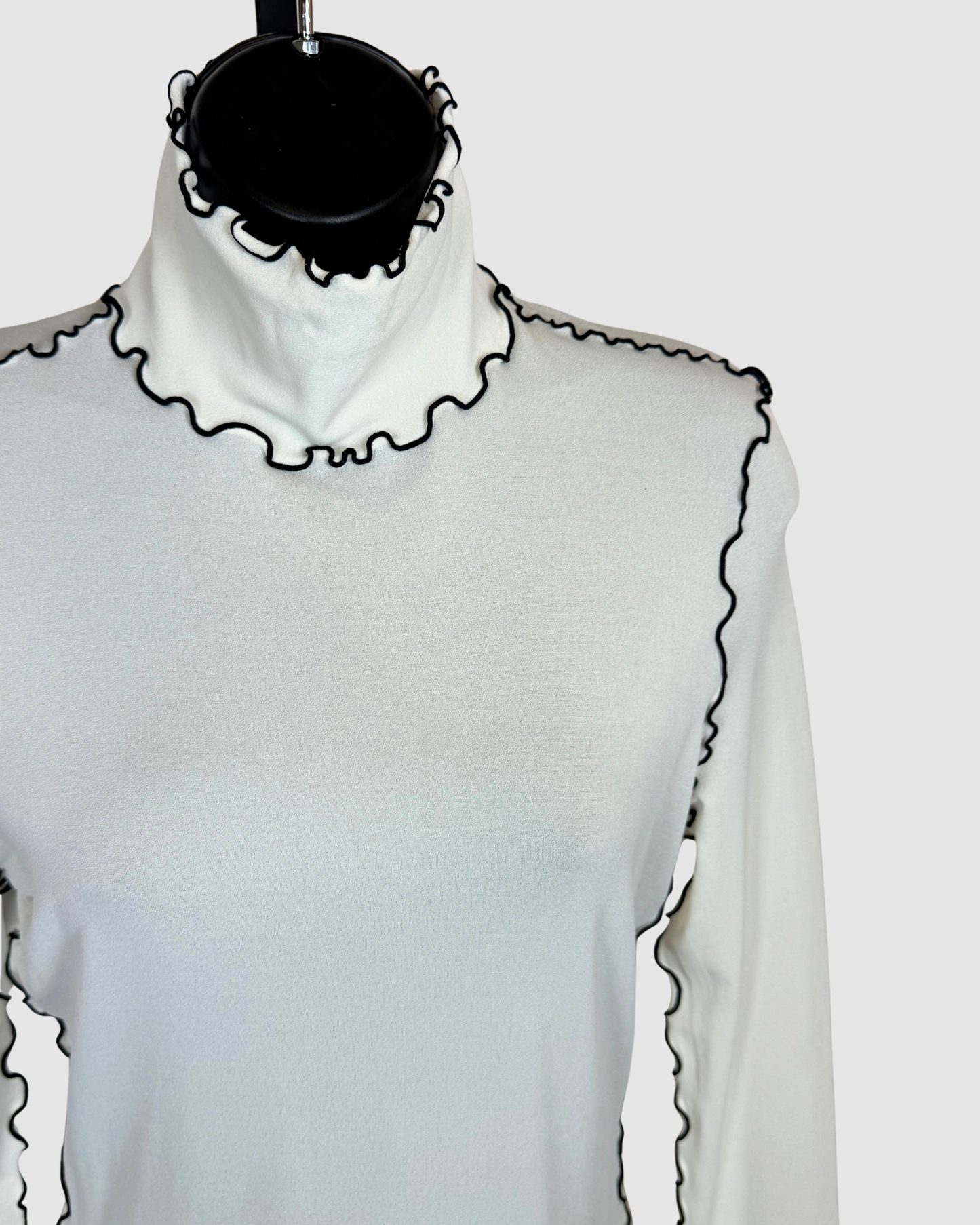 Proenza Schouler Cream w Black Ruffle Trim Turtleneck Long Sleeve Top