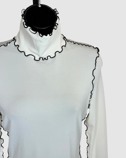Proenza Schouler Cream w Black Ruffle Trim Turtleneck Long Sleeve Top