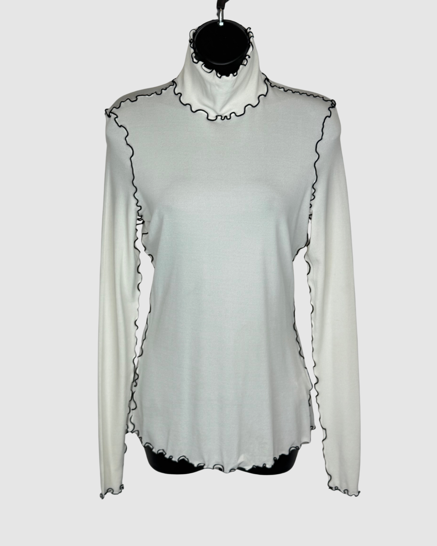 Proenza Schouler Cream w Black Ruffle Trim Turtleneck Long Sleeve Top