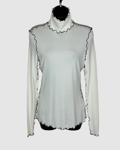 Proenza Schouler Cream w Black Ruffle Trim Turtleneck Long Sleeve Top