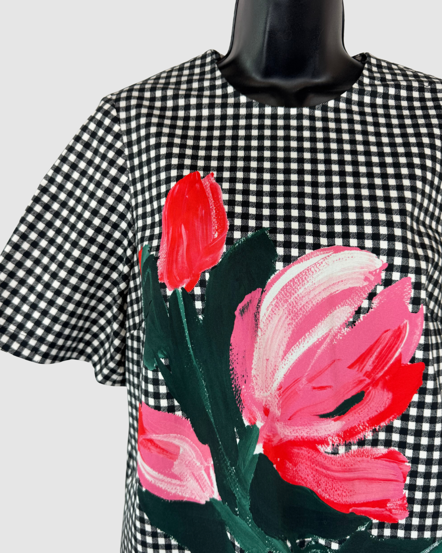 Lela Rose Black & White Plaid Short Sleeve Dress w/ Painted Flower