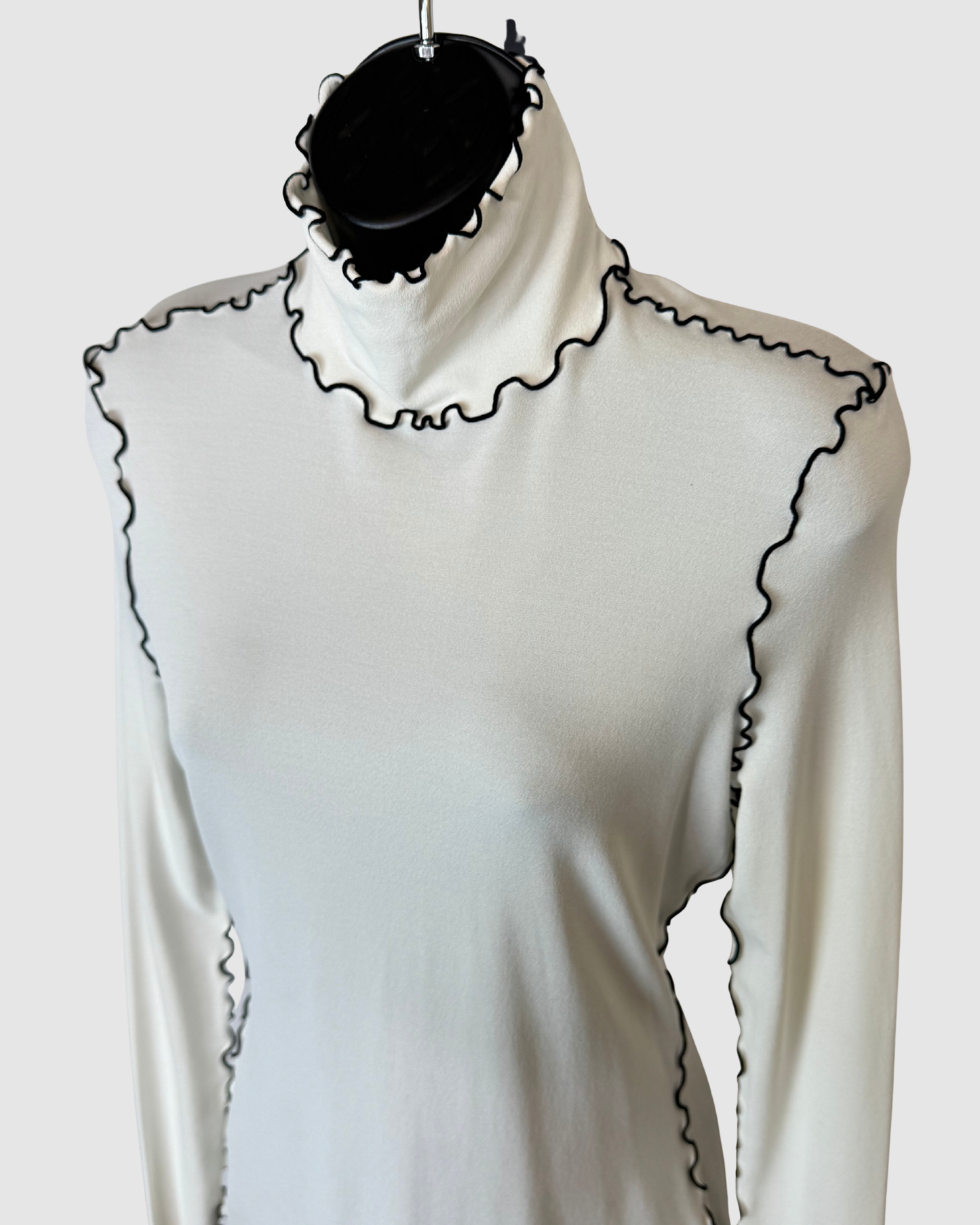 Proenza Schouler Cream w Black Ruffle Trim Turtleneck Long Sleeve Top