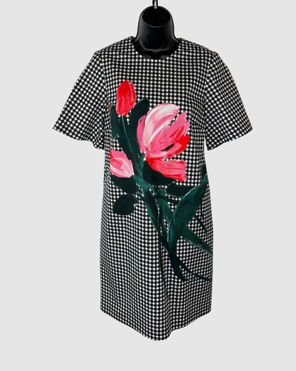 Lela Rose Black & White Plaid Short Sleeve Dress w/ Painted Flower