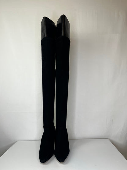 Manolo Blahnik Black Suede Pointed Toe Over the Knee Boots