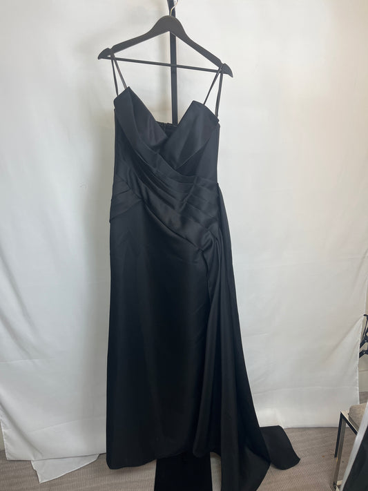 Terani Couture Satin Black Strapless V-Neck Pleated Drape Side Mermaid Gown NWT