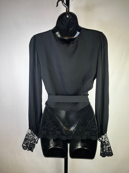 Andres Sarda Silk Black Lace Trim Crystal Button Long Sleeve Blouse w Waist Tie