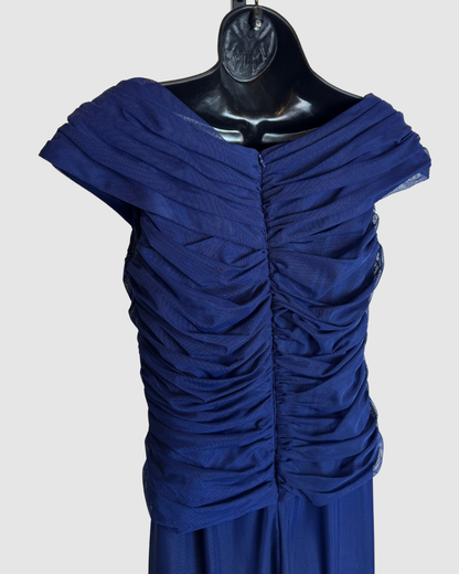 Alex Evenings Blue Pleated Ruched Cap-Sleeve V-Neck Gown