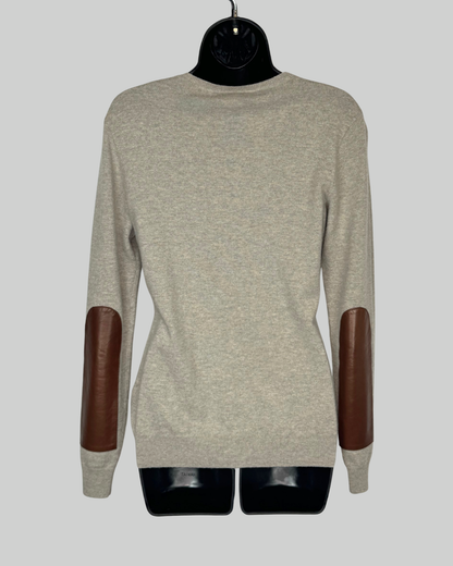 Ralph Lauren Cashmere Grey Sweater w Brown Leather Elbow Detail