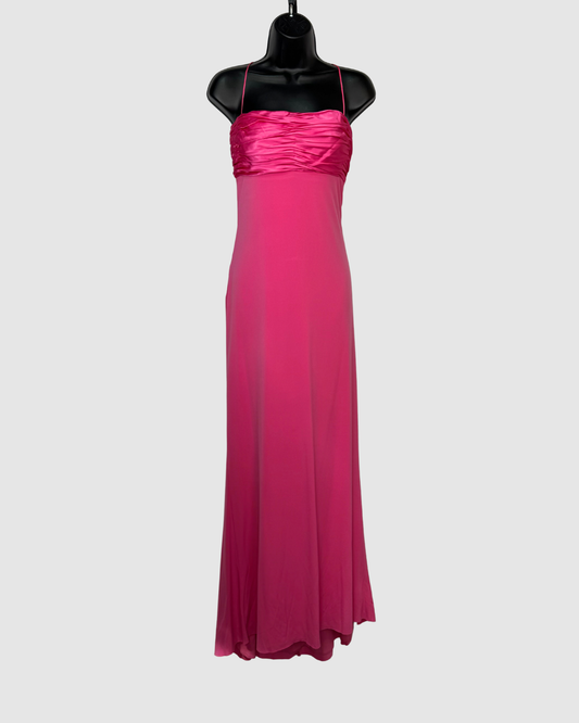 Mary L Couture Satin Hot Pink Sleeveless Ruched Detail Fitted Gown w Ribbon Cutout Back
