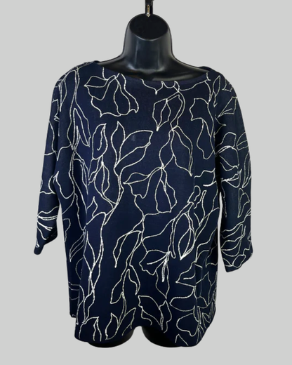 Lafayette 148 Navy White Floral Silver Beading 3/4 Sleeve Sweater