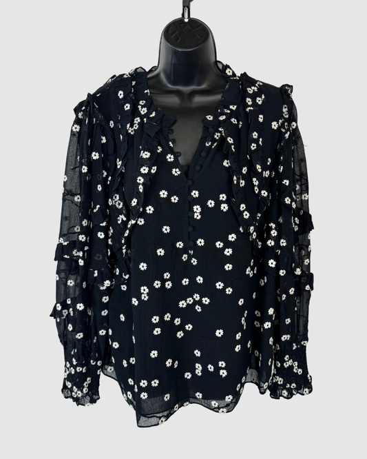 Rebecca Taylor Black w White Floral Ruffle Long Puff Sleeve Button Blouse