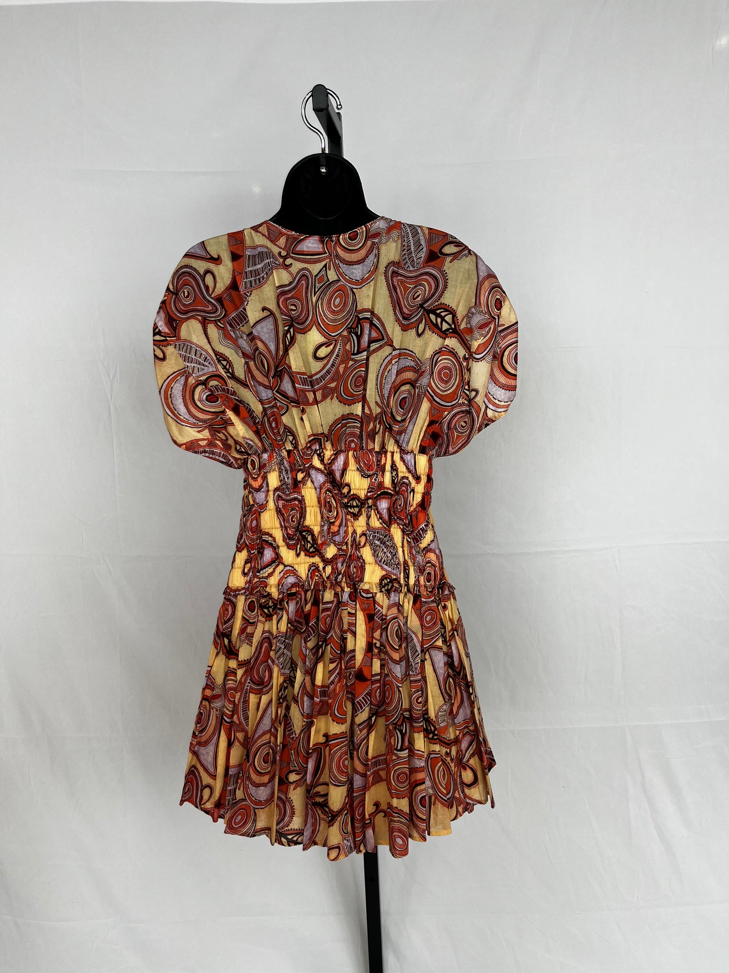 ALC Yellow & Orange Paisley Ruched Cap-Sleeve Smocked Mini Dress