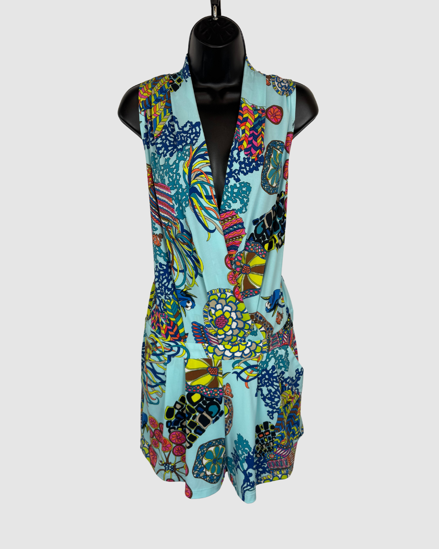 Trina Turk Baby Blue Multicolor Print Sleeveless V-Neck Pleated Skirt Romper