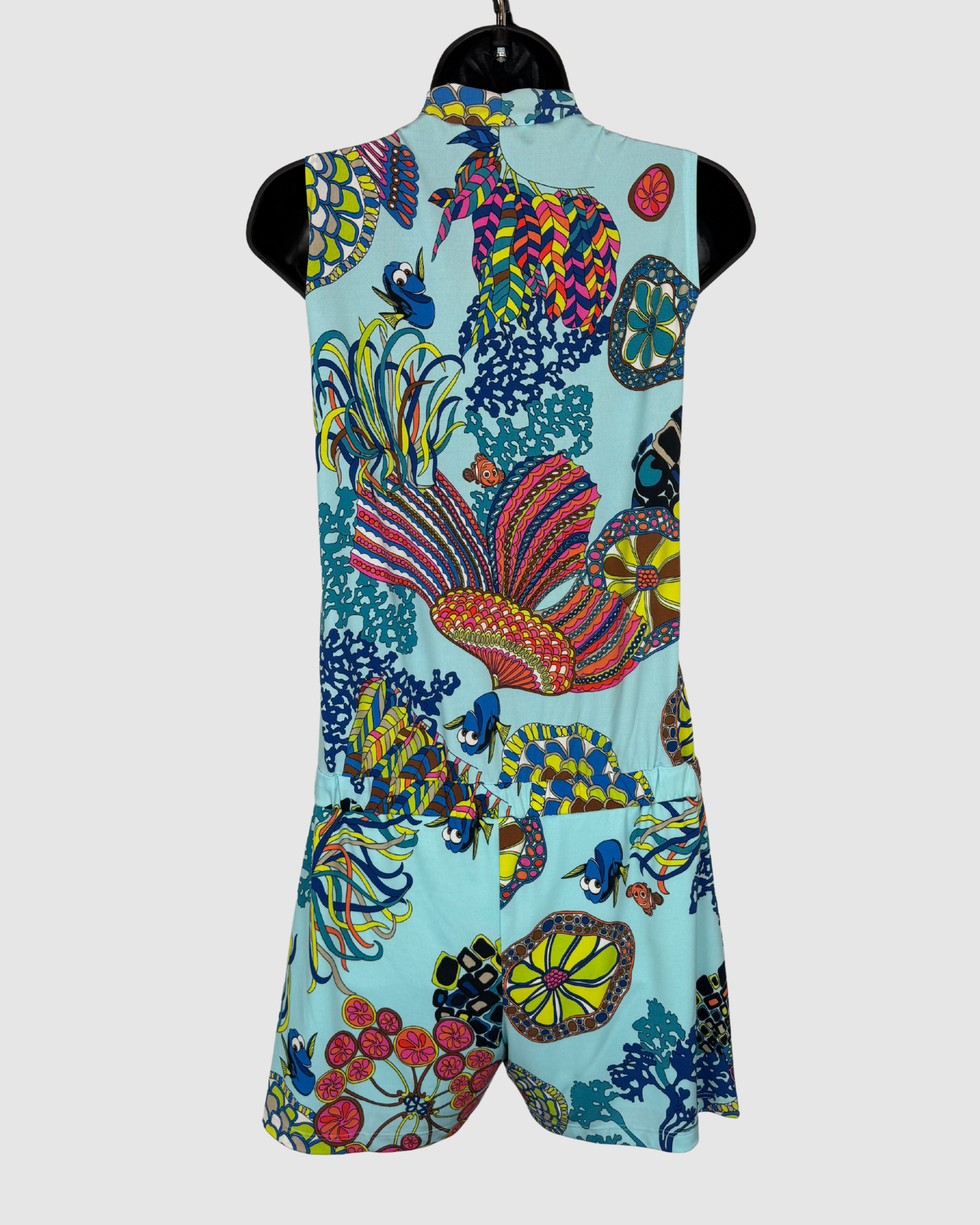 Trina Turk Baby Blue Multicolor Print Sleeveless V-Neck Pleated Skirt Romper