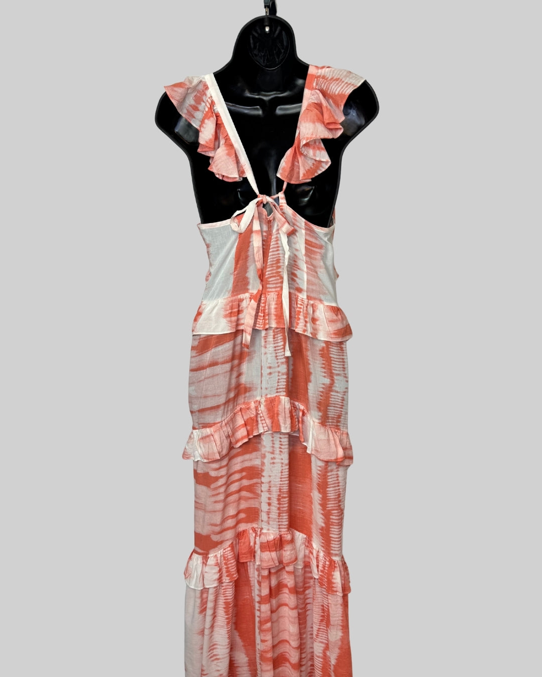 Misa Orange White Tie-Dye Sleeveless Tiered Ruffle Detail Maxi Dress