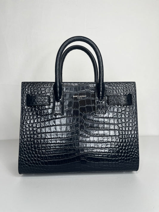 Saint Laurent Blue Croc Embossed Sac De Jour Top handle/Crossbody "Nano" Bag
