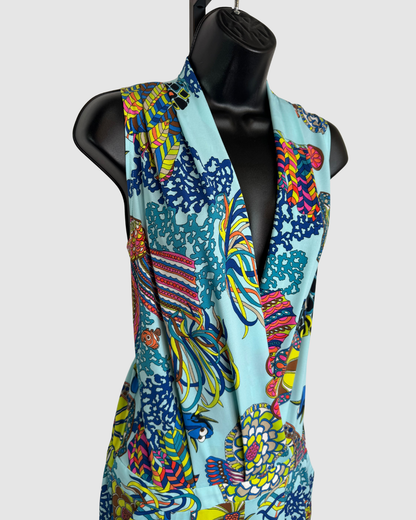 Trina Turk Baby Blue Multicolor Print Sleeveless V-Neck Pleated Skirt Romper