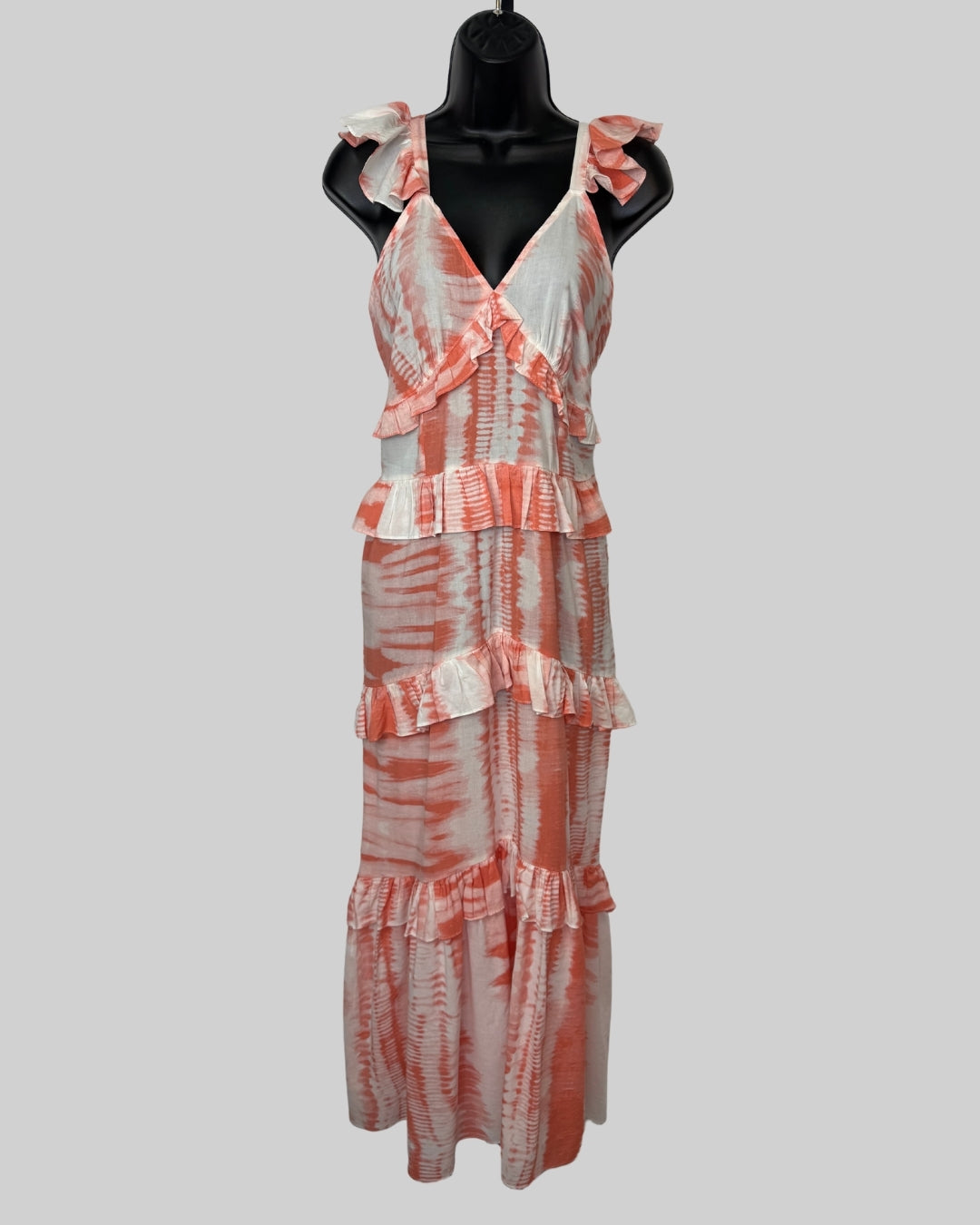 Misa Orange White Tie-Dye Sleeveless Tiered Ruffle Detail Maxi Dress