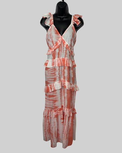 Misa Orange White Tie-Dye Sleeveless Tiered Ruffle Detail Maxi Dress