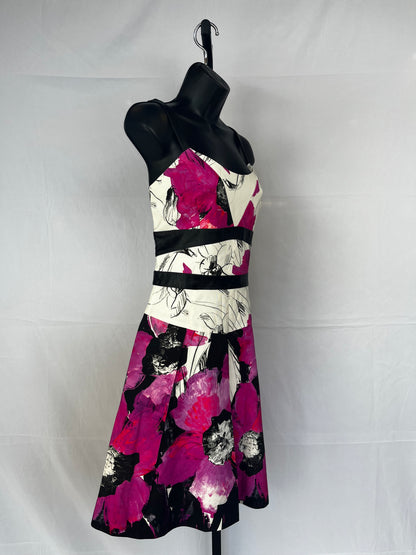 Milly White Pink & Black Floral Sleeveless Pleated Knee-Length Dress w Leather Stripe Detail