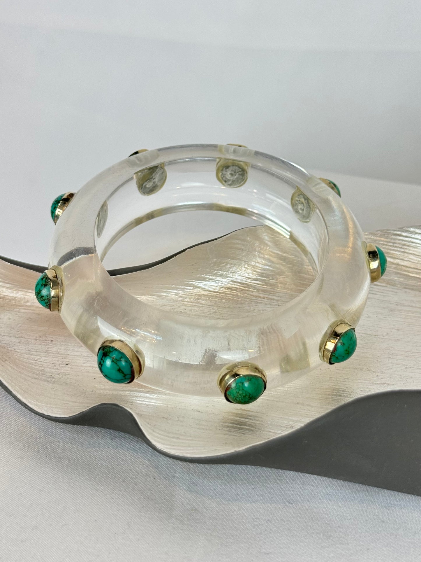 Handcrafted Clear Thick Bangle w Turquoise Stones