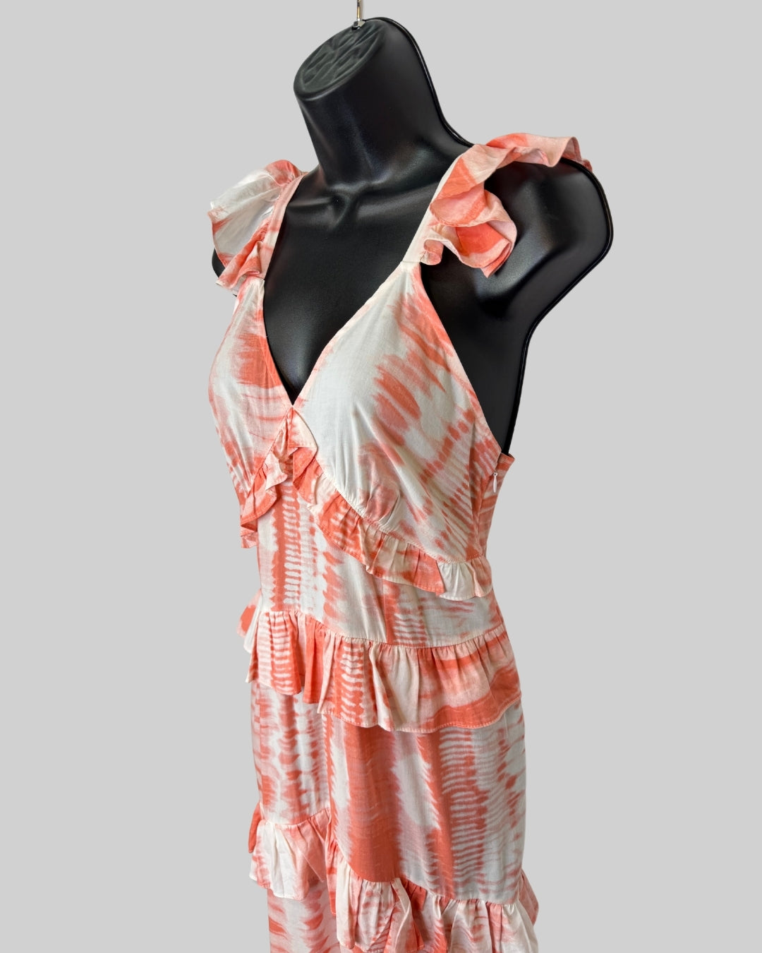 Misa Orange White Tie-Dye Sleeveless Tiered Ruffle Detail Maxi Dress