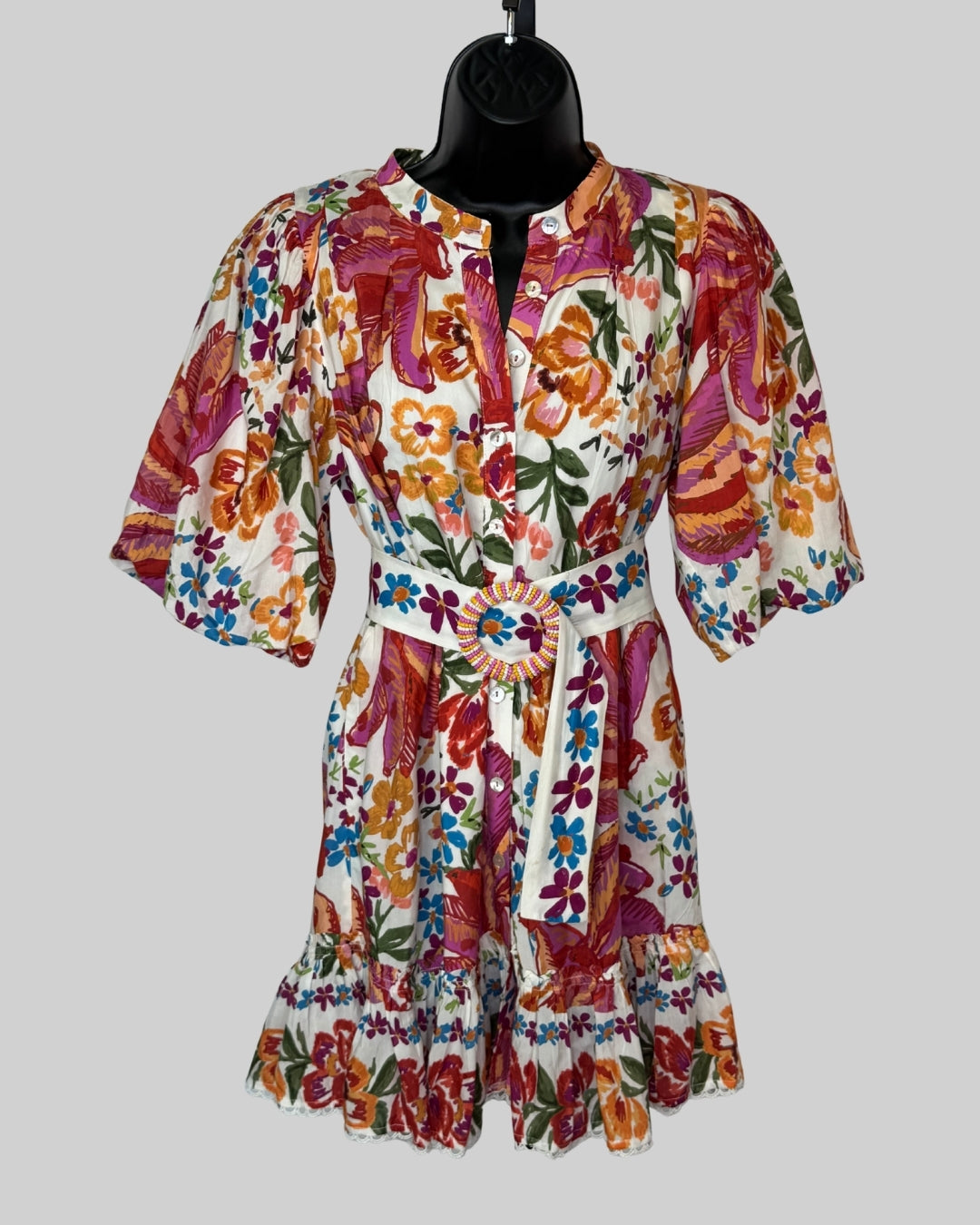 Farm Rio White Multicolor Floral 1/2 Puff Sleeve Ruffle Button Up Mini Dress w Belt
