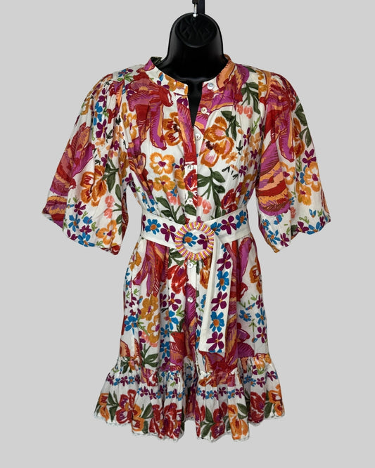 Farm Rio White Multicolor Floral 1/2 Puff Sleeve Ruffle Button Up Mini Dress w Belt