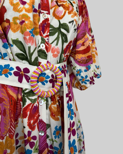 Farm Rio White Multicolor Floral 1/2 Puff Sleeve Ruffle Button Up Mini Dress w Belt