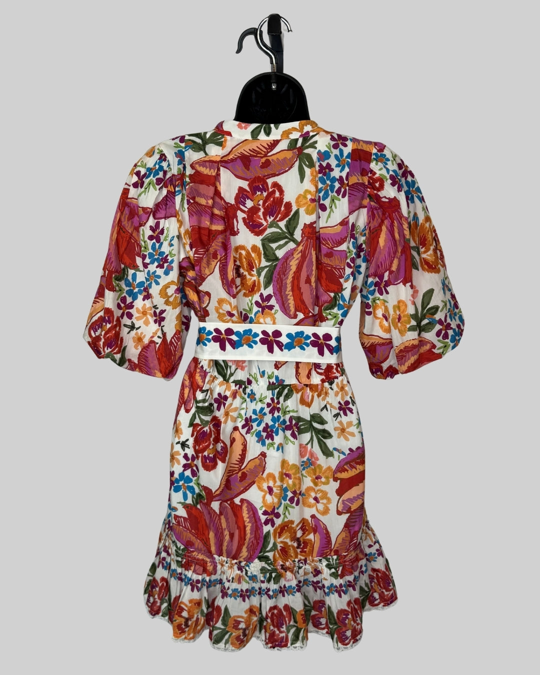 Farm Rio White Multicolor Floral 1/2 Puff Sleeve Ruffle Button Up Mini Dress w Belt